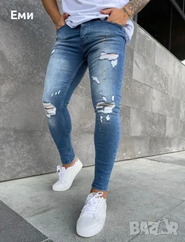 Мъжки накъсани дънки Slim fit с цветни пръски - 30,31,32 (размер)