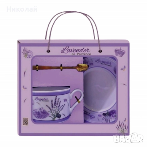 Комплект от 3 части – чашка, чинийка и лъжичка с лавандулови мотиви, снимка 1