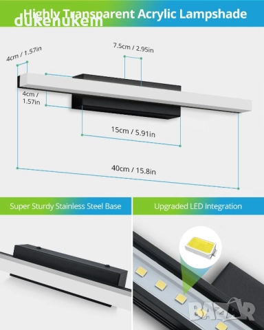 LED лампа за баня 40 см, 9W, 4000K неутрална светлина, снимка 5 - Лед осветление - 52638302