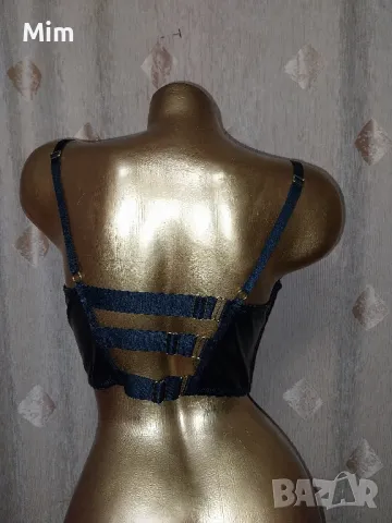 80 С Черен сутиен от кожа и дантела с златист цип , снимка 8 - Бельо - 48857586