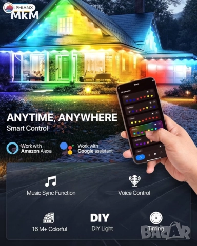 Интелигентни външни светлини LPHIANX, 30 м, 80 LED, RGB смарт, снимка 3 - Лед осветление - 52368506