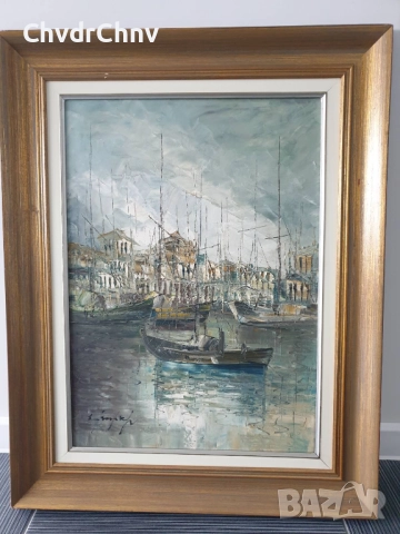 92х73см/голяма картина масло върху платно/морски пейзаж/градски къщи-рибарски лодки