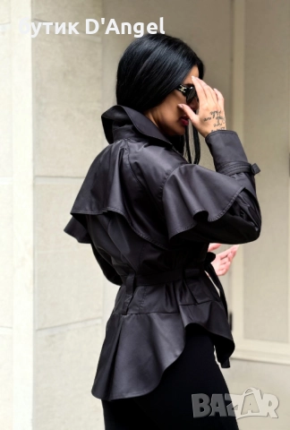 AVIN Тренч в черно с екстравагантна кройка, снимка 4 - Якета - 52090715