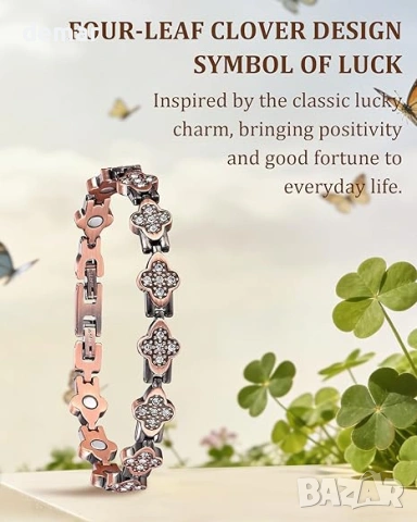 Гривна от мед BioMag 99.99% за жени, магнитна гривна за жени с дизайн на детелина за късмет, снимка 3 - Гривни - 54217331