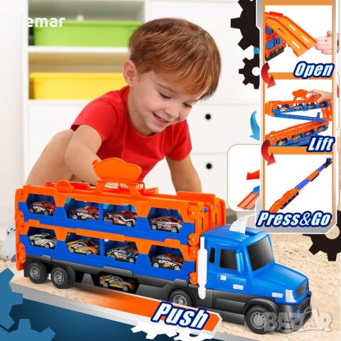 m zimoon Транспортен камион с 10 мини състезателни коли и състезателна писта, играчка за деца, снимка 4 - Коли, камиони, мотори, писти - 44393190