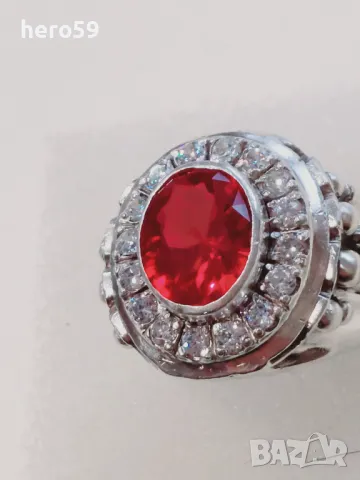 Огромен мъжки сребърен пръстен с рубин и циркони(фараон), снимка 6 - Пръстени - 48462715