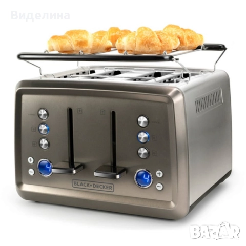 Мощен тостер Black+decker BXTO1960E - Неръждаема стомана с 4 слота, LCD дисплей и стойка за кифли, снимка 4 - Тостери - 52010153