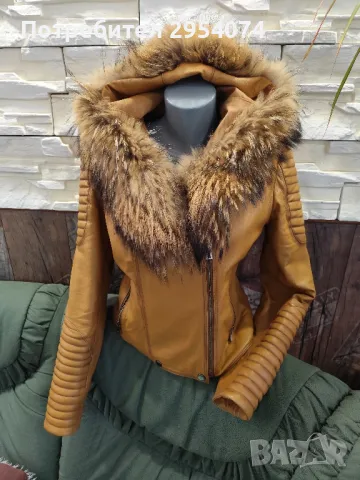 естествена кожа и естествен косъм лисица в цвят горчица balos мл -135лв