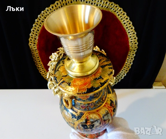 Порцеланов свещник Satsuma,злато,бронз,печат. , снимка 6 - Антикварни и старинни предмети - 52258434