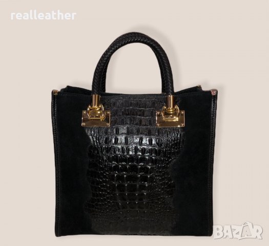 Дамска чанта с ефектна кроко щампа от естествена кожа в черен цвят, снимка 1