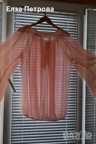 Бледо розова тюлена риза с връзване на яката, снимка 2 - Ризи - 42150955