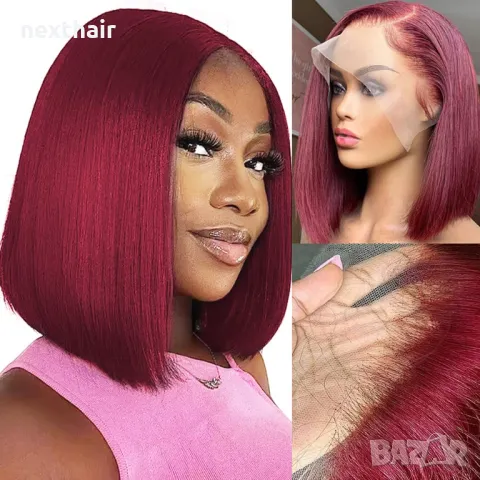 Естествена права 30 см тъмно червена перука с дантела 13x4 лейс фронт, снимка 14 - Аксесоари за коса - 47909140