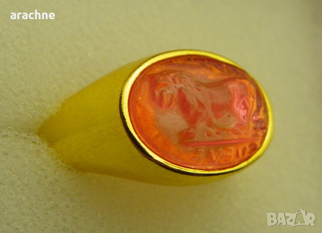 Сребърен позлатен пръстен с камея-лъв, снимка 1 - Пръстени - 31938662