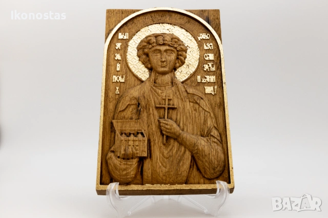 Релефна икона на свети великомъченик Пантелеймон от дъб, снимка 4 - Икони - 53224739