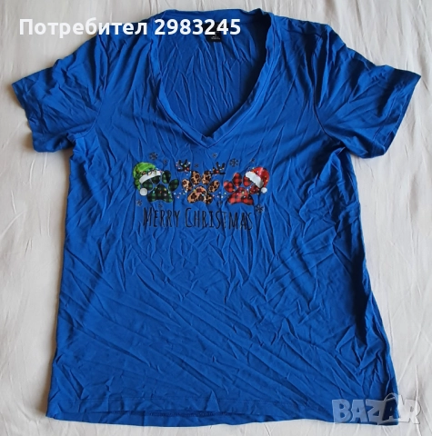 Синя коледна тениска с къси ръкави и шпиц деколте 