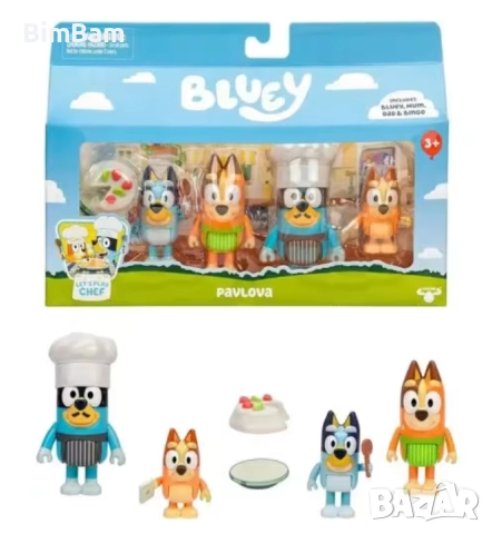 Комплект фигурки Bluey 4 броя Bingo, Bandit In His Chef Hat And Chilli