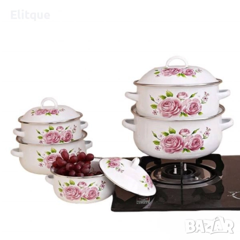 Комплект 5 бр. емайлирани тенджери с незалепващо покритите + капаци ТОП КАЧЕСТВО, снимка 2 - Съдове за готвене - 52894855