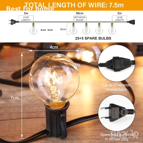 Външни светлинни гирлянди с крушки G40-2800m 25 крушки за градина IP44 водоустойчиви, снимка 4 - Външни лампи - 52926929
