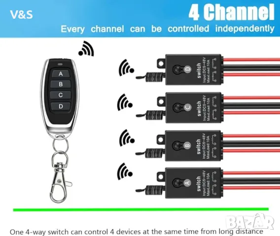 12v превключвател за дистанционно управление, 4-посочен мини безжичен превключвател, DC 12V/24V/48V/, снимка 6 - Друга електроника - 47886991