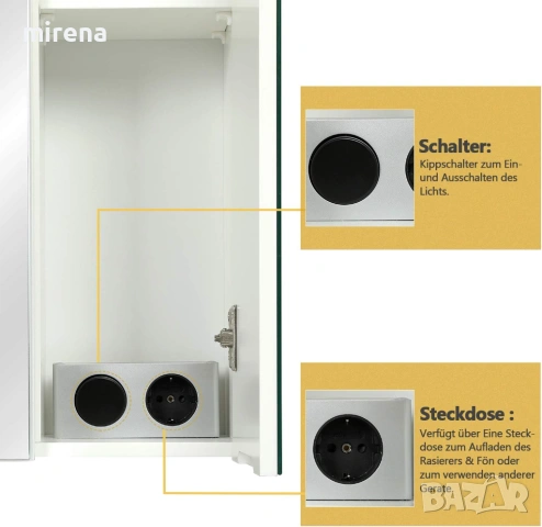 Шкаф огледало за баня с ЛЕД LED осветление, контакт ключ за осветление, снимка 6 - Шкафове - 53357786