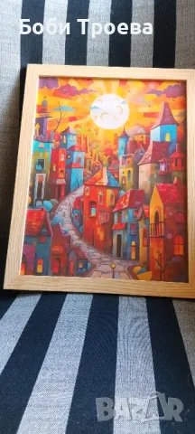 Ярка фантазийна селска сцена с цветни къщи и слънчев дизайн, снимка 5 - Картини - 50304290