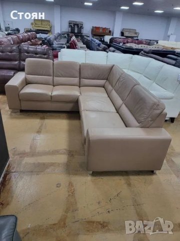 Бежов кожен ъглов диван "ALDOSA", снимка 2 - Дивани и мека мебел - 39965352