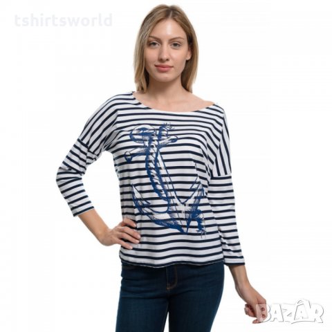 Нова дамска моряшка блуза с паднало рамо, трансферен печат Котва, снимка 7 - Блузи с дълъг ръкав и пуловери - 28375572