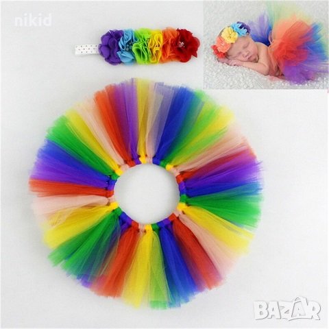 шарена туту пола поличка и лента с цветчета с перла за глава за бебе фотосесия фото декор