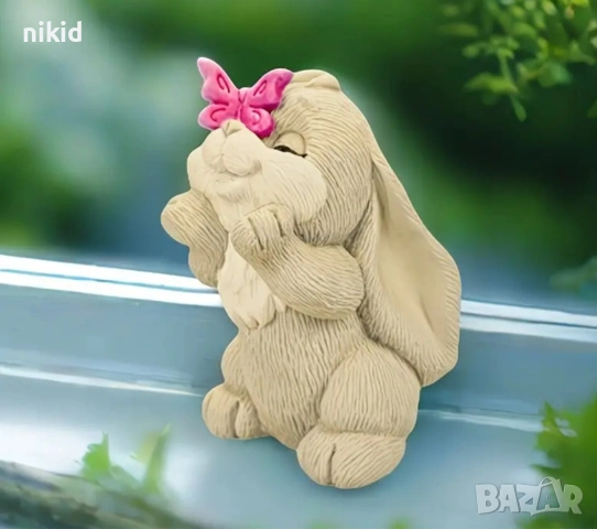 3d Заек зайче с кацнала пеперуда на носле средно силиконов молд форма фондан шоколад гипс свещ декор, снимка 2 - Форми - 54197895