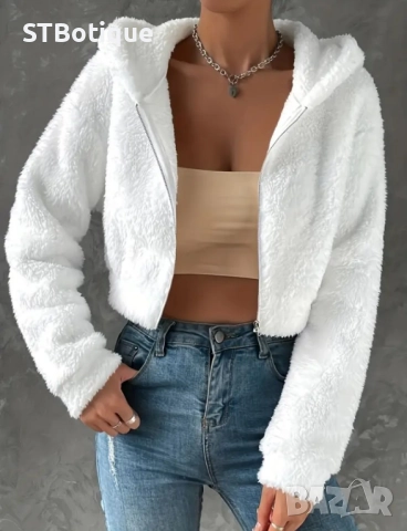 🧥 Черно/Бяло плюшено дамско палто с качулка – STBoutique, снимка 7 - Якета - 51938079