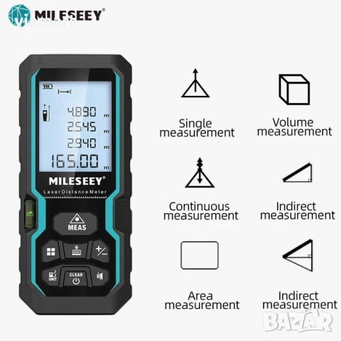 Лазерна ролетка MILESEEY S6 – до 40 м, LCD дисплей, площ, обем и косвени разстояния, снимка 4 - Измервателни инструменти - 50751987