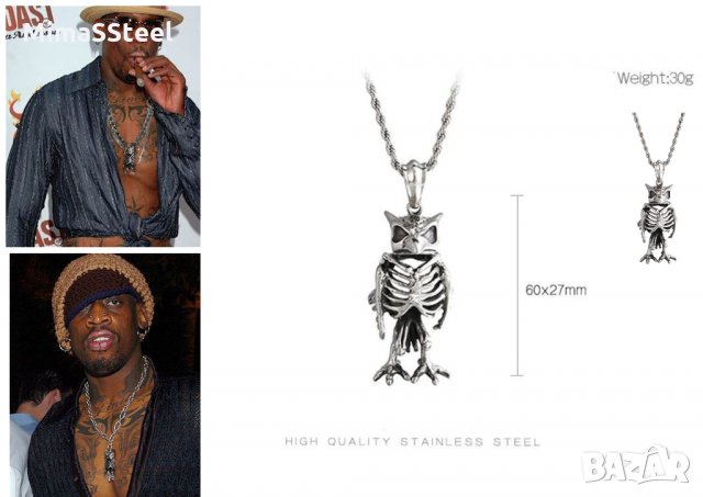 Уникално Колие Owl skeleton стомана S. Steel 316L Ръчна изработка, снимка 3 - Колиета, медальони, синджири - 29333348