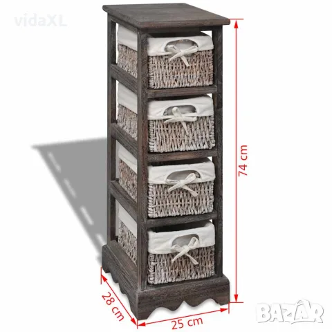 vidaXL Кафяв дървен стелаж с 4 плетени кошници за съхранение, снимка 6 - Кутии за съхранение - 56146338