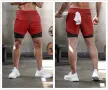 Мъжки 2-в-1 бягащи шорти бързосъхнещи компресионни вътрешни шорти джобове с цип – Червен M, снимка 5