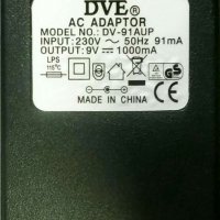 DVE AC Адаптер  DV-91AUK 9V 1000mA , снимка 1 - Кабели и адаптери - 30518926