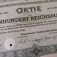 Акция | 100 райх марки | Amperwerke Elektricitäts-Aktiengesellschaft - München | 1934г., снимка 2 - Други ценни предмети - 29109258