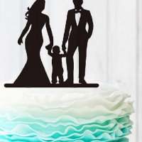 Семейство двойка с бебе черен сватбен пластмасов топер украса табела за торта, снимка 1 - Други - 29895454