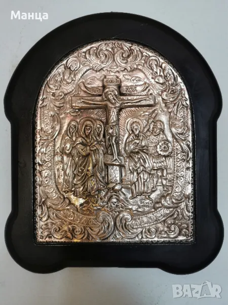 Гръцка сребърна икона Разпятие Христово, снимка 1