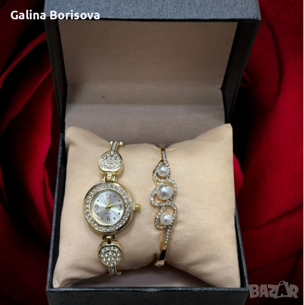 Елегантен дамски комплект часовник с камъни цирконии и красива гривна , снимка 1