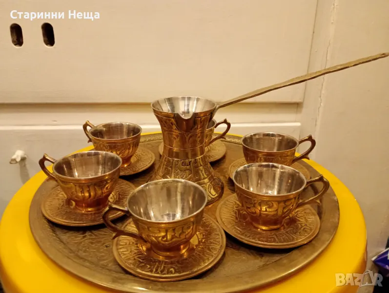 Стар бронзов арабски ориенталски Ислам Исламик Ислям сервиз за кафе старинен сервиз стар бронз , снимка 1