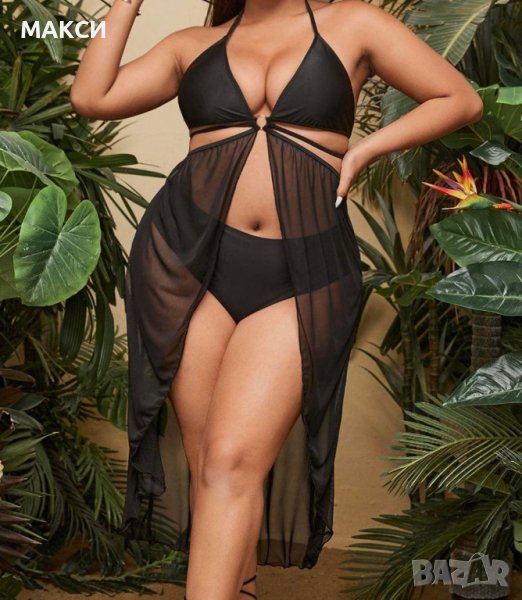 Макси еластичен комплект бански с коригиращи се вързалки и феерична част в наситено черно, снимка 1