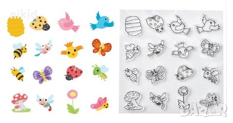 малки птички пчела цвете калинка гъба силиконов гумен печат декор бисквитки фондан Scrapbooking, снимка 1