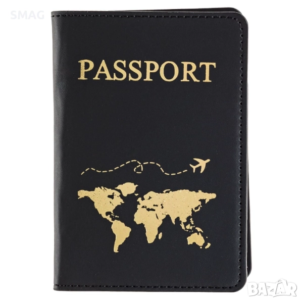 Черен калъф за паспорт от PU кожа със златисти орнаменти 9x13.8 см_1223716, снимка 1
