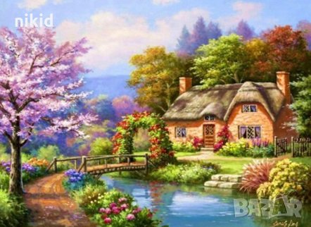 Къща край река с мост 5D гоблен диамантен гоблен картина мозайка за направа по схема с камъче, снимка 1
