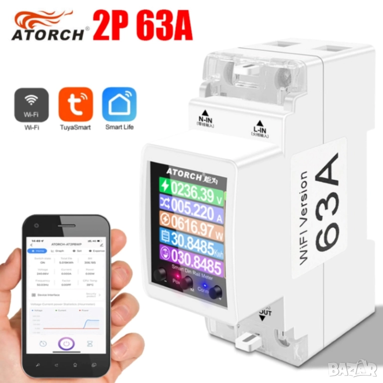 Двутарифен контролен електромер 63A, LCD дисплей, прекъсвач, снимка 1