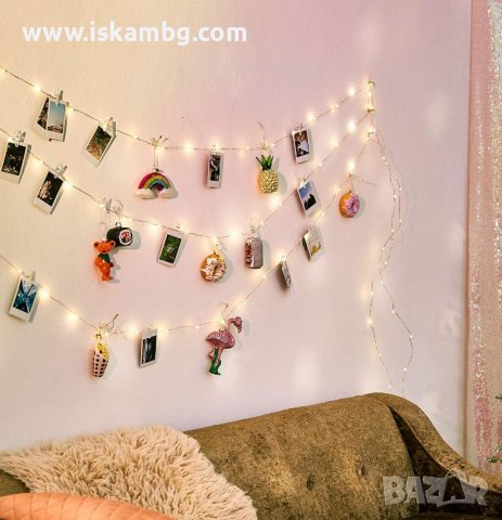 Гирлянд светещи щипки за снимки с 50 броя лед диоди в топъл жълт цвят, 5 МЕТРА - КОД 3812, снимка 2 - Декорация за дома - 39241190