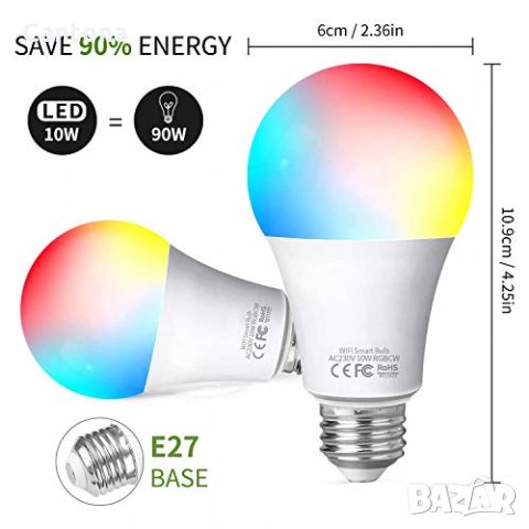 10W, 900LM Smart Wi-Fi RGB LED Light Bulb, 2200-6500К, Alexa, Google Home, снимка 2 - Крушки - 33733460