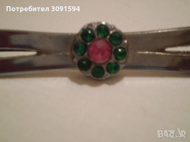 старинна дамска брошка тип игла зелено розово и безцветно стъкло, снимка 8 - Антикварни и старинни предмети - 35218357