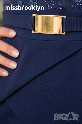 Рокля “Navy Gold Elegance” – тъмно синя рокля пеплум с колан арт.1534, снимка 4 - Рокли - 55821868