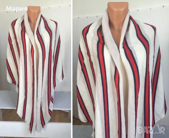 100% Kaшмир Марков Дамски Шал by Malene Birger Милене Биргер Голям Широк Бял Червен Рае